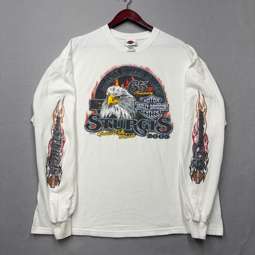 Harley Davidson T-Shirt Mens XL White Sturgis 2005 65th Anniversary Long Sleeve